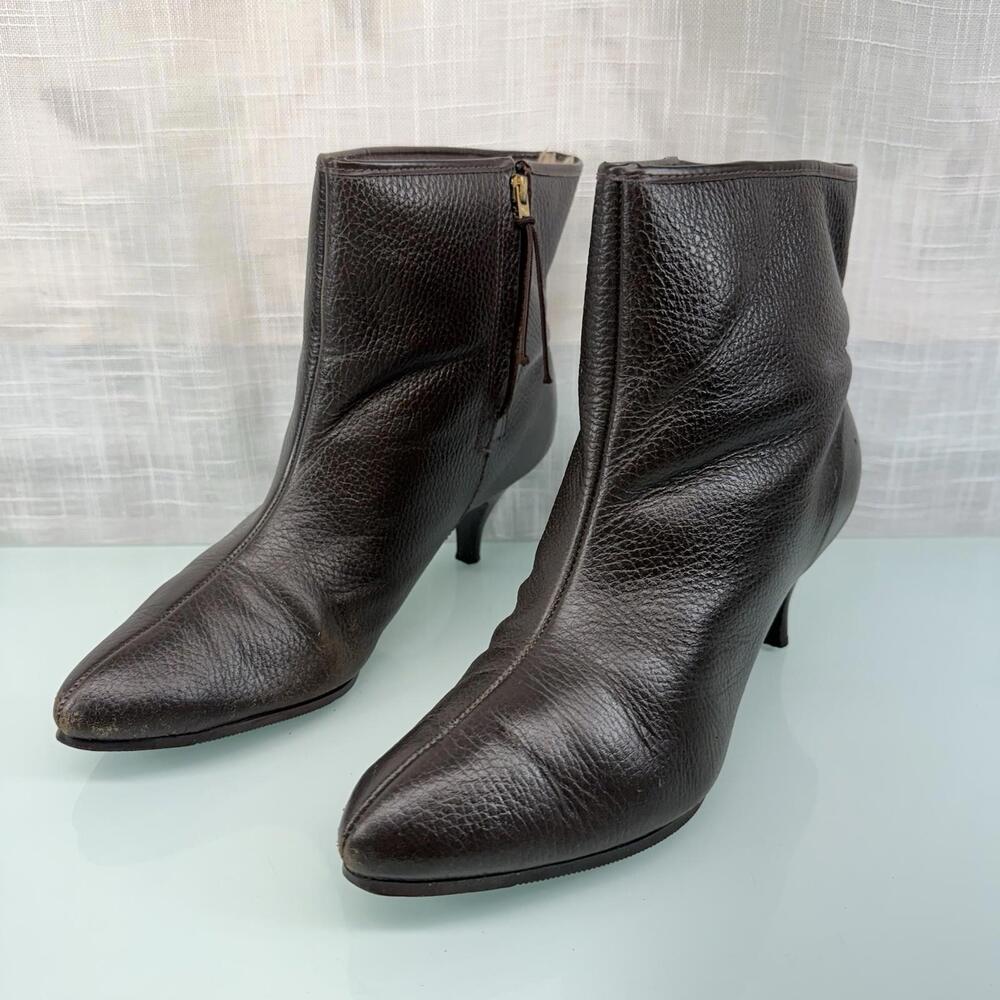 Vintage 1960s Brown Leather Ankle Boots Kitten Heel Talon Zipper  10B Quiet Lux